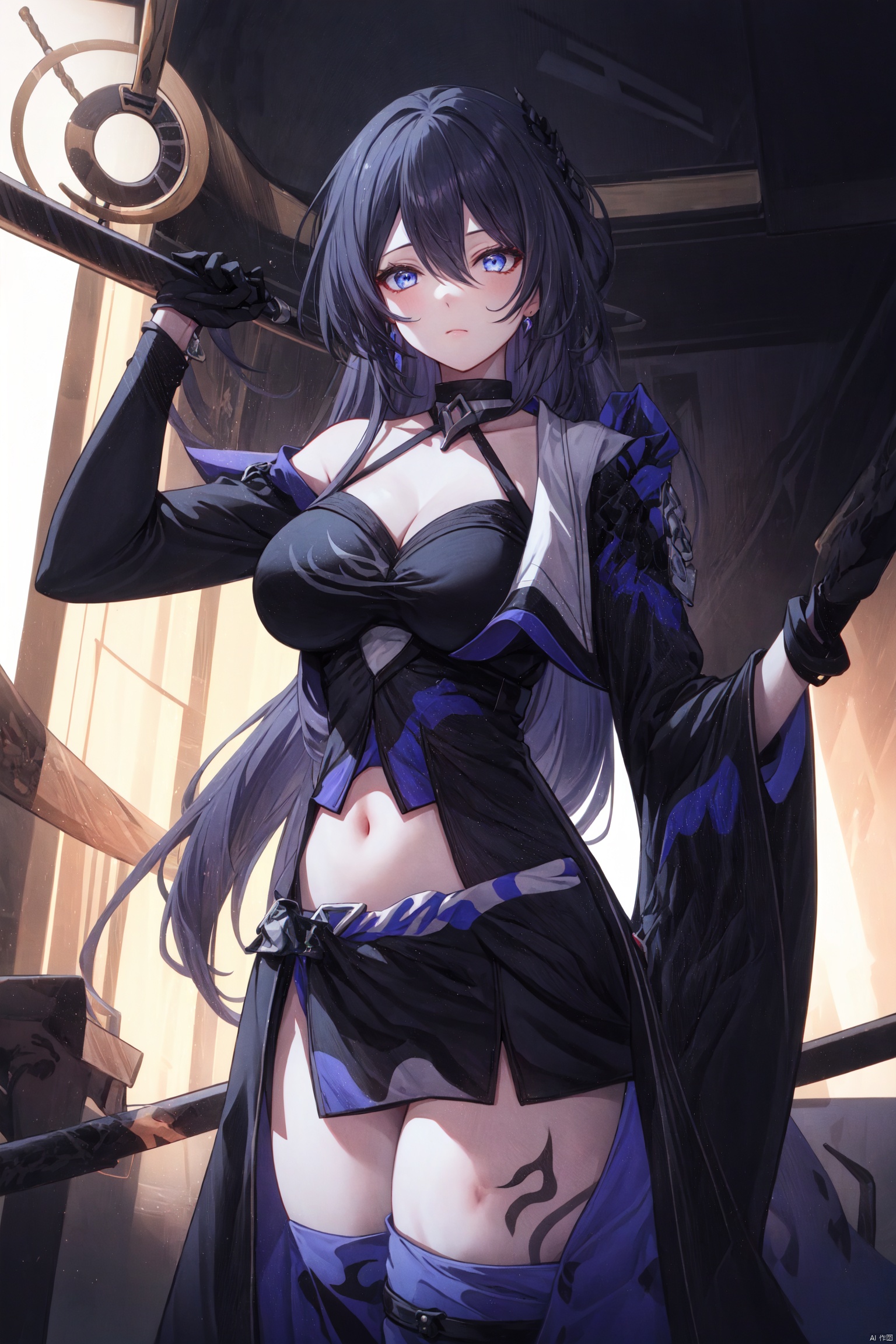 breasts, 1girl, long hair, black dress, very long hair, dress, large breasts, morgan le fay \(fate\), bangs, ponytail, hair bow, blue eyes, bow, french braid, long sleeves, looking at viewer, white dress, grey hair, pelvic curtain, sidelocks, braid, boots, thighs, solo, wide sleeves, center opening, two-tone dress, black bow, thigh boots, black footwear, spear, weapon, cleavage, polearm, tiara, thighhighs, navel, spikes, tattoo,流萤, LiuYing,liuying, firefly \(honkai: star rail\), katana,yinwen,no humans