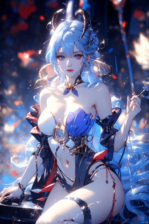  (masterpiece, best quality, best shadow,official art, correct body proportions, Ultra High Definition Picture,master composition),(bust:1.4), (backlight), 
//////
ganyu,1girl,solo,blue hair,ahoge,horns,with a little bell around his neck,detached sleeves, sidelocks,alternate costume,metallic white flower hair accessories,bangs,hair between eyes,bare shoulders,long hair,dress, sexy, plump, 
//////
(dark background), light, 
//////
1girl,cute girl, Metal_wing, masterpiece, ganyu, tattoo on stomach,halo