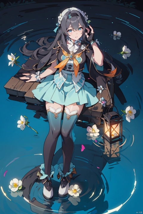  masterpiece, best quality,1girl, alternate costume, 
\\\\\\\\\
 1girl, solo,  flower, lantern, water, ripples, bangs, white_flower, looking_at_viewer, full_body, copyright_name, reflection, lying,
\\\\\\\\\\\,
liuying,def clothe,1girl,black thighhighs,blue eyes,hairband,long hair,black hairband,fingerlessgloves,skirt,
