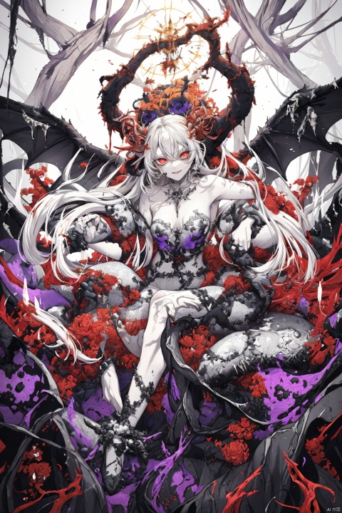  Envision a scene where the demons, having conquered heaven, now revel in their victory. The colors are dark and twisted, with the demons' forms contorted in expressions of cruel delight as they defile the once holy ground of the celestial realm., zgct color, 1girl