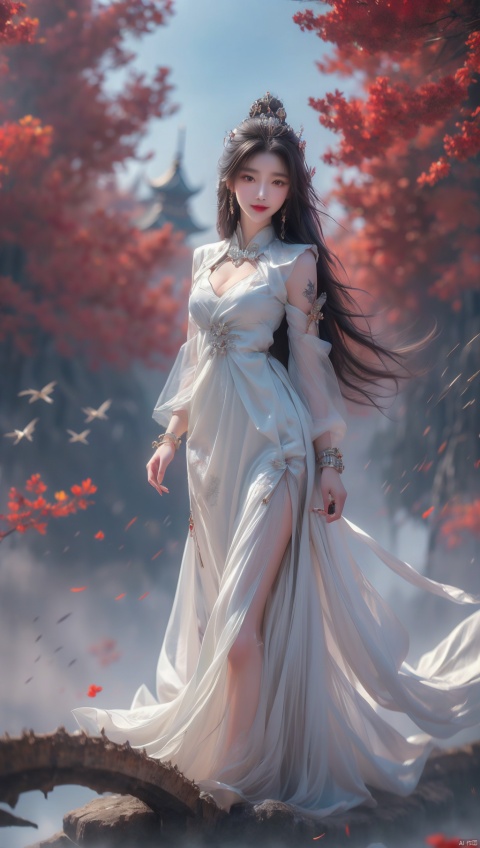  1girl,cowboy shot,magical abstraction, white wavy hair, (delicate and beautiful oriental face), perky breasts, (upper thighs shot:1.3), (fantasy style, 8K, masterpiece, best quality:1.15), (flying in the sky:1.6),
(intricate details:0.9), (hdr, hyperdetailed:1.2),magiccircle,(floating:1.2),long hair,headwear,(standing),((dress,skirt)),, (chinese_clothes), ((tattoo)), (jewelry), (bracelet),((full body,whole body)),sweet smile, (medium breasts),((hair_ornament)),(cleavage:0.797), ((looking_at_viewer)), yanruyu, Detail, , fazhen