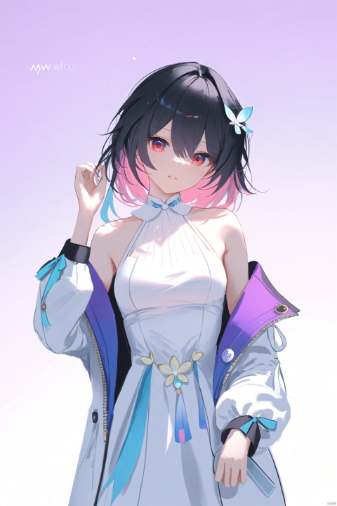  masterpiece,best quality,high quality,(colorful),[Artist miwano rag],[Artist chen bin],[Artist wlop:1],Artist myowa, 1girl, solo, hair ornament, jacket, hand up, off shoulder, white jacket, long sleeves, sleeveless, dress, open clothes, multicolored hair, hair between eyes, looking at viewer, white dress, bare shoulders, parted lips, open jacket, black hair, short hair, sleeveless dress, pink hair, colored inner hair, simple background, gradient background, eyes visible through hair, shirt, purple hair, two-tone hair, breasts, purple eyes, red eyes, turtleneck,firefly \(honkai: star rail\)