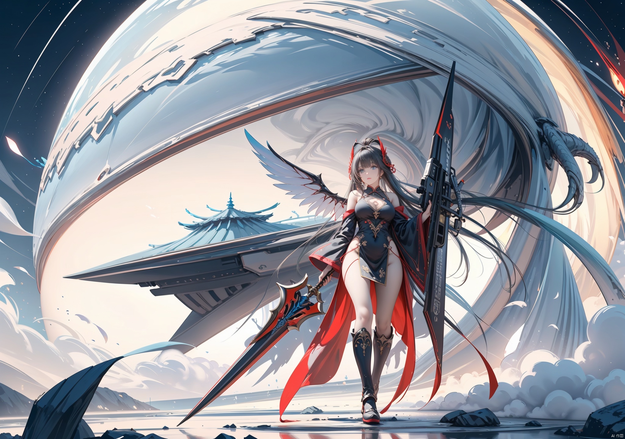  Surrounded by rotating transparent red scrolls, floating transparent red Chinese characters, dynamic, rotating, 1 girl standing in the air, not looking at the camera, writing calligraphy, solo, blue eyes, holding, weapon, holding weapon, glow, robot, mecha, science fiction, open_hand,movie lighting, strong contrast, high level of detail, best quality, masterpiece,heigirl,crystal_dress , crystal , wings,guijian, flowing skirts,（smoke）,Giant flowers, tattoo, mask, greendesign, Ink painting, Hourglass body shape, lora_eyes10