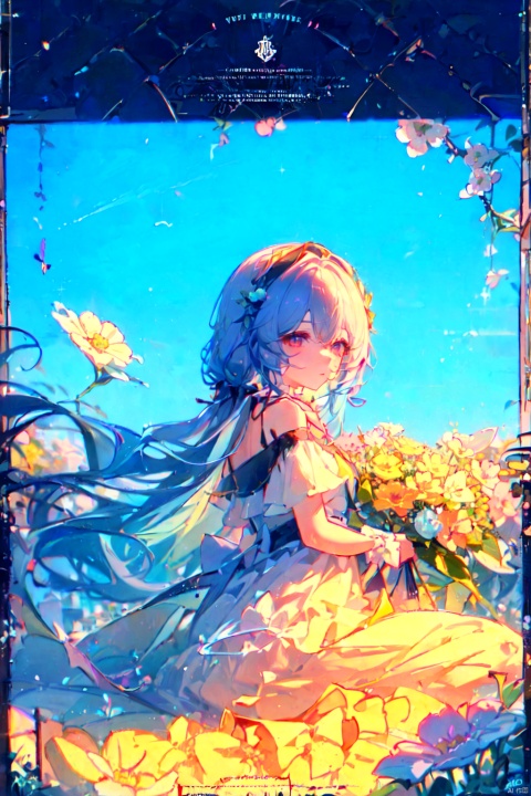 best quality, masterpiece, illustration, (reflection light), incredibly absurdres, (Movie Poster), (signature:1.3), (English text:1.3), 1girl, girl middle of flower, pure skyblue hair, red eyes, clear sky, outside, collarbone, loli, sitting, absurdly long hair, clear boundaries of the cloth, white dress, fantastic scenery, ground of flowers, thousand of flowers, colorful flowers, flowers around her, various flowers,
, liuying