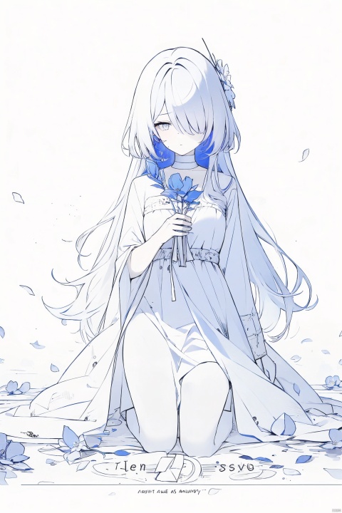  1girl, blue eyes, white long translucent night gown, expressionless, (white hair), hair cover one eye, long hair, blue hair flower, kneeling on lake, blood, (plenty of blue petals:1.35), (white background:1.5), (English text), greyscale, monochrome,greyscale,monochrome,sketch, liuying