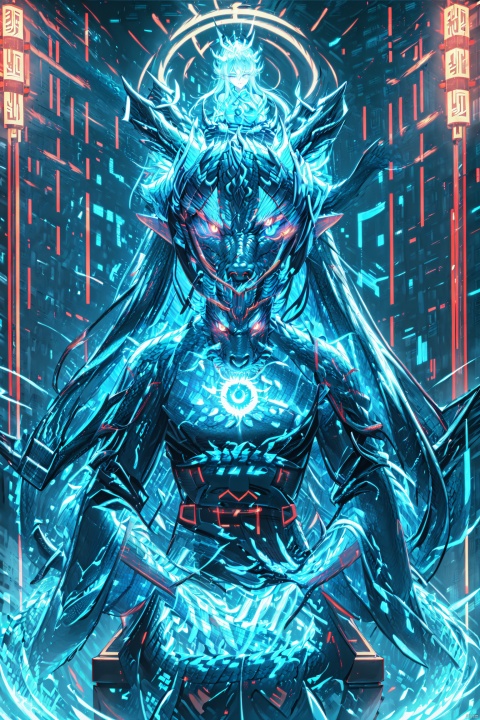  A girl,half body,sit,linkedrahon,Chinese dragon,(Blue glowing eyes:1.2), glowing, xxhanfu_halo_nhhyxx, xxhanfu halo cyber phoenix crown。Long black hair,Elf ear,Sharp ears,((Blue luminous dragon horn: 1.2)), xxhanfu halo cyber phoenix crown,glowing Dragon scale,呃呃呃