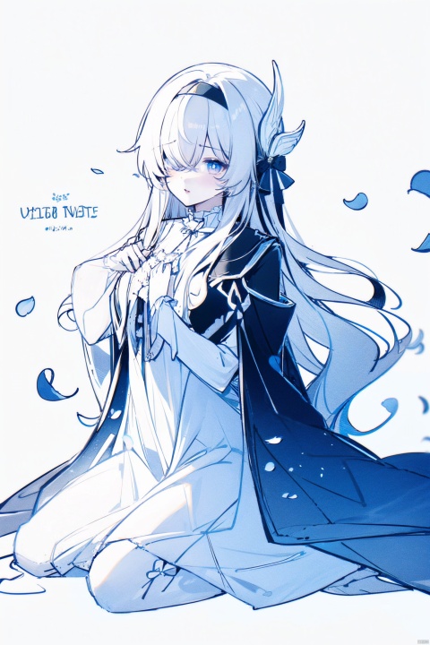  1girl, blue eyes, white long translucent night gown, expressionless, (white hair), hair cover one eye, long hair, blue hair flower, kneeling on lake, blood, (plenty of blue petals:1.35), (white background:1.5), (English text), greyscale, monochrome,greyscale,monochrome,sketch, liuying, backlight,a girl named heitiane, tattoo on stomach, haoche, meiren-red lips, black jacket
