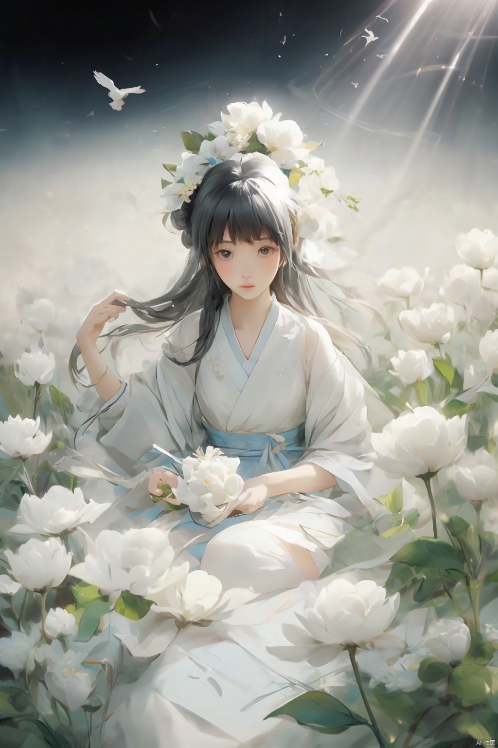  (official art, 8k wallpaper, ultra detailed, High quality, best quality),white flowers ,1girl,from above,bird's-eye_view,vintage filter,among flowers, backlight,limited_palette,white,field s of flowers, cozy anime, niji, watercolor