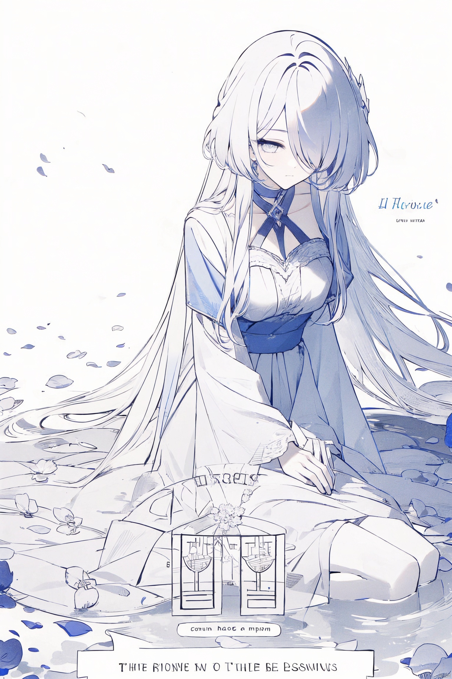  1girl, blue eyes, white long translucent night gown, expressionless, (white hair), hair cover one eye, long hair, blue hair flower, kneeling on lake, blood, (plenty of blue petals:1.35), (white background:1.5), (English text), greyscale, monochrome,greyscale,monochrome,sketch, liuying