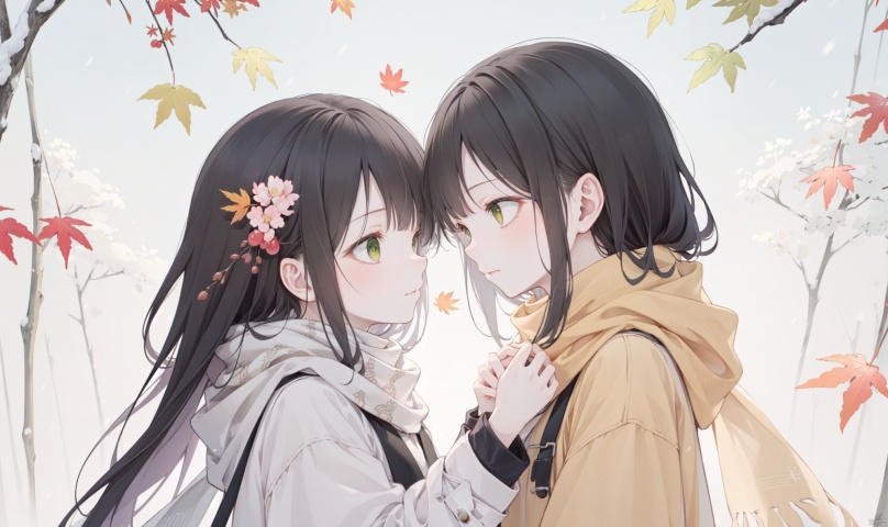 1girl, long hair, bangs, brown hair, black hair, long sleeves, 1boy, closed mouth, upper body, hetero, hand up, scarf, looking at another, coat, profile, leaf, expressionless, wind, light particles, eye contact, height difference, branch, white scarf, autumn leaves, yellow theme, clothes grab, A couple look at each other affectionately, Aesthetic, The seasons change, Winter, Autumn, Spring, Summer, Snow theme, Purple theme, Green theme, It snows, Willow tree, Peach blossom, from side, yinwen,no humans