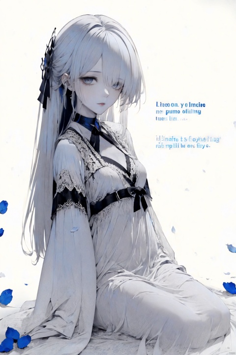  1girl, blue eyes, white long translucent night gown, expressionless, (white hair), hair cover one eye, long hair, blue hair flower, kneeling on lake, blood, (plenty of blue petals:1.35), (white background:1.5), (English text), greyscale, monochrome,greyscale,monochrome,sketch, liuying, meiren-red lips, Diagram