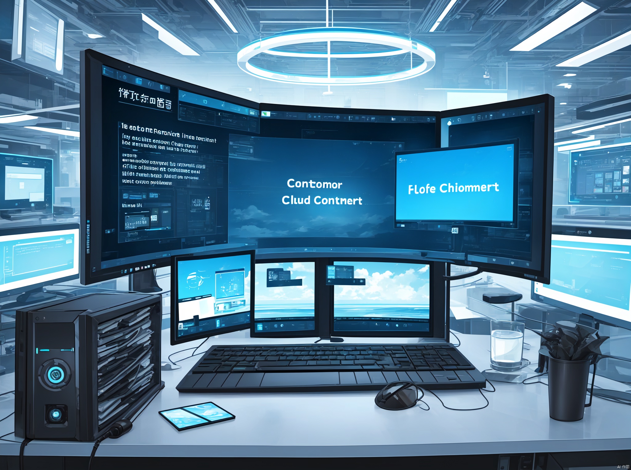 Work in front of the computer, Cloud customer service, Keep the text in mind for risk control security, Text Protection: Customers protect themselves, Transparent smartphone,Work on a computer desktop, Cloud customer service, Keep the text in mind for risk control security, Text Protection: Customers protect themselves, holographic interface, fantasy, Transparent smartphone