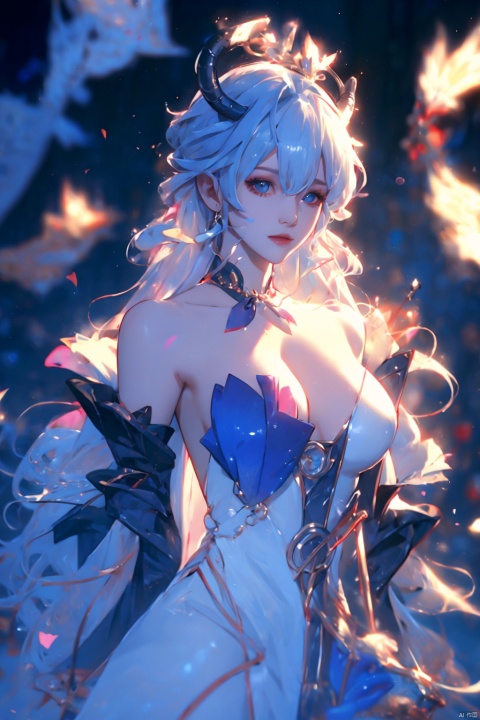  (masterpiece, best quality, best shadow,official art, correct body proportions, Ultra High Definition Picture,master composition),(bust:1.4), (backlight), 
//////
ganyu,1girl,solo,blue hair,ahoge,horns,with a little bell around his neck,detached sleeves, sidelocks,alternate costume,metallic white flower hair accessories,bangs,hair between eyes,bare shoulders,long hair,dress, sexy, plump, 
//////
(dark background), light, 
//////
1girl,cute girl, Metal_wing, masterpiece, ganyu, tattoo on stomach,halo