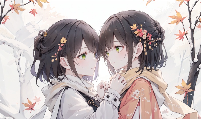 1girl, long hair, bangs, brown hair, black hair, long sleeves, 1boy, closed mouth, upper body, hetero, hand up, scarf, looking at another, coat, profile, leaf, expressionless, wind, light particles, eye contact, height difference, branch, white scarf, autumn leaves, yellow theme, clothes grab, A couple look at each other affectionately, Aesthetic, The seasons change, Winter, Autumn, Spring, Summer, Snow theme, Purple theme, Green theme, It snows, Willow tree, Peach blossom, from side, yinwen,no humans