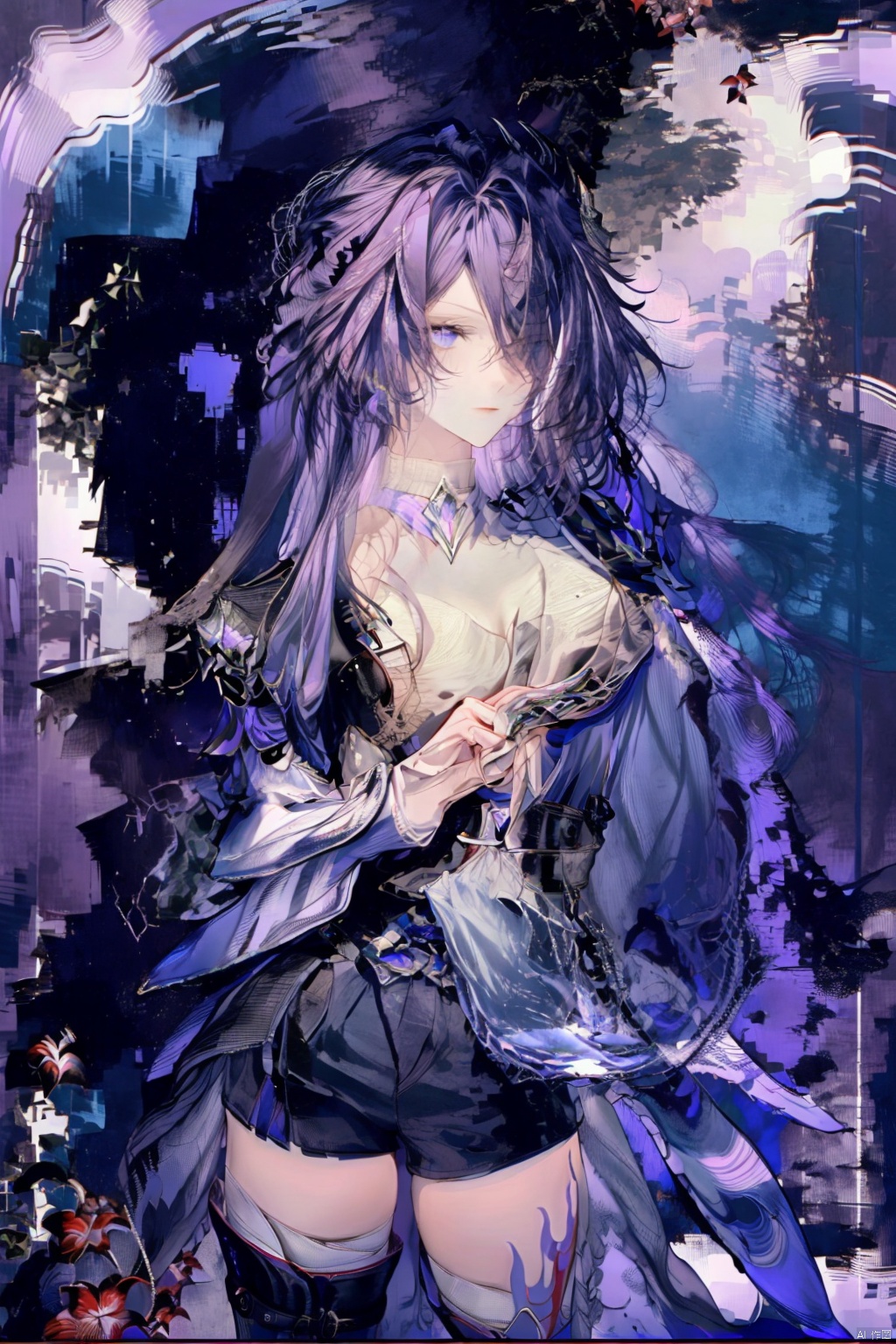  1girl, purple hair, dark purple hair, purple clip on hair, wearing Japanese clothes, Japanese clothes, purple and white Japanese clothes, holding a sword, holding a purple shiny sword, glowing purple sword, Japanese type sword, background charry blossom trees, beautiful pinkish charry blossom trees, dark purple sky, look at the view, lora:more_details:0.5, vibrant colors, masterpiece, sharp focus, best quality, depth of field, cinematic lighting, lora:more_details:0.5,wearing an apron, lora:more_details:0.5, naked and wearing an apron, Ymir Fritz, katana, spread leg