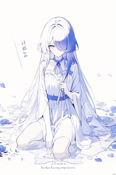  1girl, blue eyes, white long translucent night gown, expressionless, (white hair), hair cover one eye, long hair, blue hair flower, kneeling on lake, blood, (plenty of blue petals:1.35), (white background:1.5), (English text), greyscale, monochrome,greyscale,monochrome,sketch, liuying