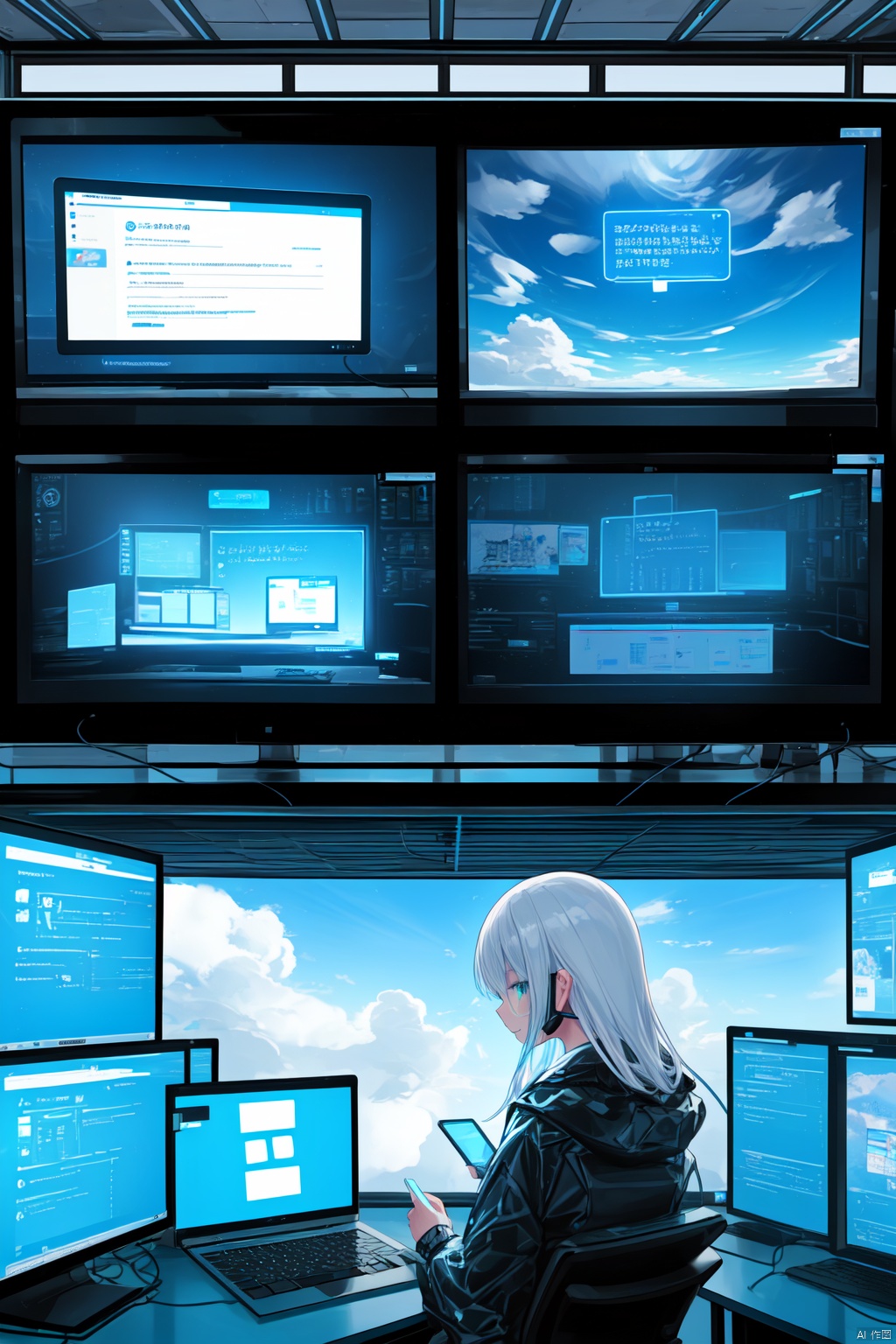 Work in front of the computer, Cloud customer service, Keep the text in mind for risk control security, Text Protection: Customers protect themselves, Transparent smartphone,Work on a computer desktop, Cloud customer service, Keep the text in mind for risk control security, Text Protection: Customers protect themselves, holographic interface, fantasy, Transparent smartphone
