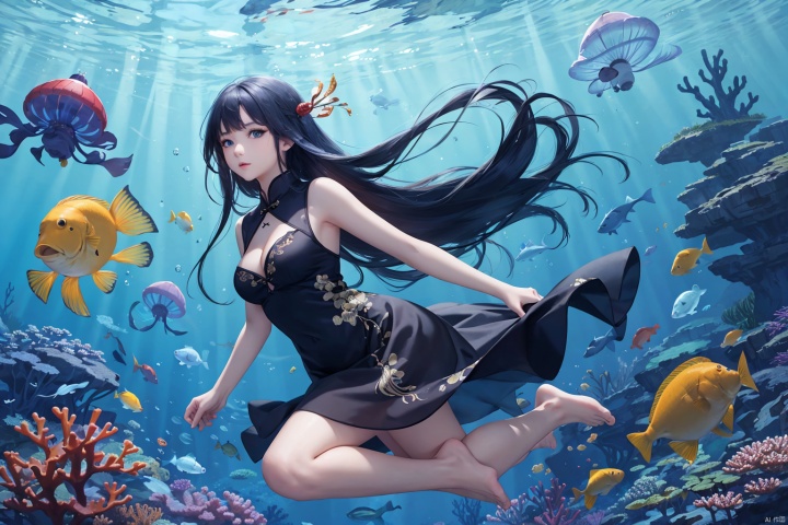  (masterpiece), (best quality),(illustration), ((chinese colorful ink)),wide shot, best quality, epic scenes, impactful visuals, 
1girl, long hair, dress, underwater, solo, barefoot, black dress, very long hair, breasts, blue hair, blue eyes, jellyfish, cleavage, bubble, looking at viewer, bangs, coral, bare legs, sleeveless, full body, medium breasts, air bubble, fish