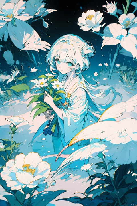  (official art, 8k wallpaper, ultra detailed, High quality, best quality),white flowers ,1girl,from above,bird's-eye_view,vintage filter,among flowers, backlight,limited_palette,white,field s of flowers, cozy anime, niji, watercolor