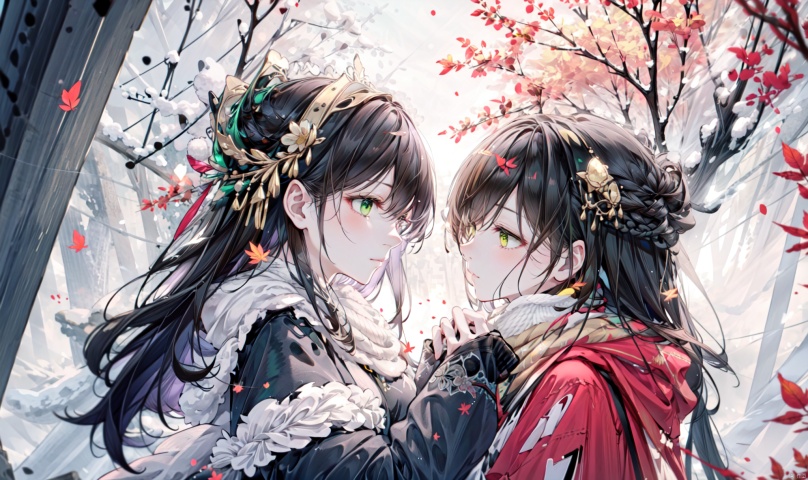 1girl, long hair, bangs, brown hair, black hair, long sleeves, 1boy, closed mouth, upper body, hetero, hand up, scarf, looking at another, coat, profile, leaf, expressionless, wind, light particles, eye contact, height difference, branch, white scarf, autumn leaves, yellow theme, clothes grab, A couple look at each other affectionately, Aesthetic, The seasons change, Winter, Autumn, Spring, Summer, Snow theme, Purple theme, Green theme, from side