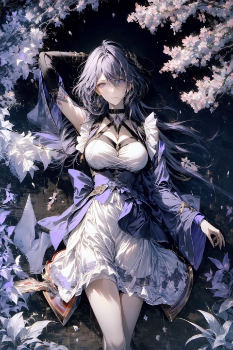  1girl, purple hair, dark purple hair, purple clip on hair, wearing Japanese clothes, Japanese clothes, purple and white Japanese clothes, holding a sword, holding a purple shiny sword, glowing purple sword, Japanese type sword, background charry blossom trees, beautiful pinkish charry blossom trees, dark purple sky, look at the view, lora:more_details:0.5, vibrant colors, masterpiece, sharp focus, best quality, depth of field, cinematic lighting, lora:more_details:0.5,wearing an apron, lora:more_details:0.5, naked and wearing an apron, Ymir Fritz, katana, spread leg, BY MOONCRYPTOWOW