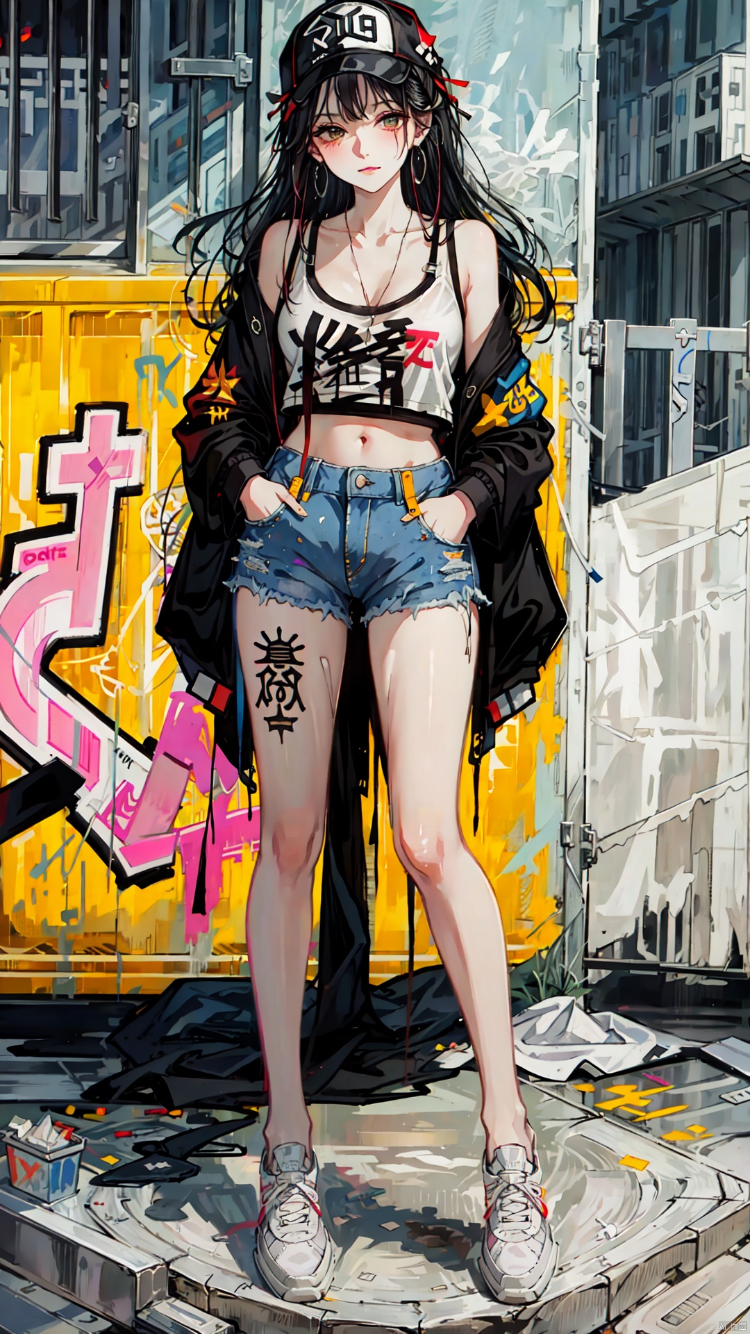  best quality,masterpiece,illustration,earrings,,hand in pocket,Denim shorts,an extremely delicate and beautiful,extremely detailed,CG,unity,8k,wallpaper,Amazing,finely detail,1 girl, solo, street, graffiti, white short sleeved, denim jacket, denim shorts, sneakers, spray painting,graffiti on the wall, hip-hop, street culture, jtc