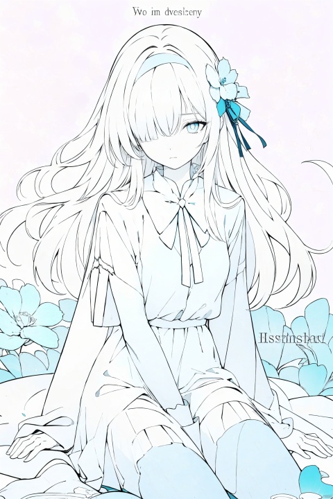  1girl, blue eyes, white long translucent night gown, expressionless, (white hair), hair cover one eye, long hair, blue hair flower, kneeling on lake, blood, (plenty of blue petals:1.35), (white background:1.5), (English text), greyscale, monochrome,greyscale,monochrome,sketch, liuying