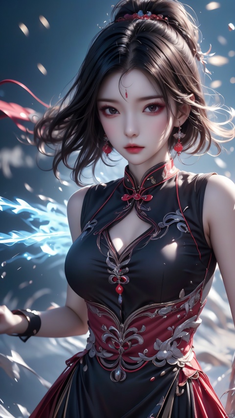 1girl, Short hair, floating hair, perfect, Earrings,energy,glowing,diffractionspikes,ejaculation,electricity,cheongsam,magic,tarrysky, forehead mark, (\shuang hua\), bsx