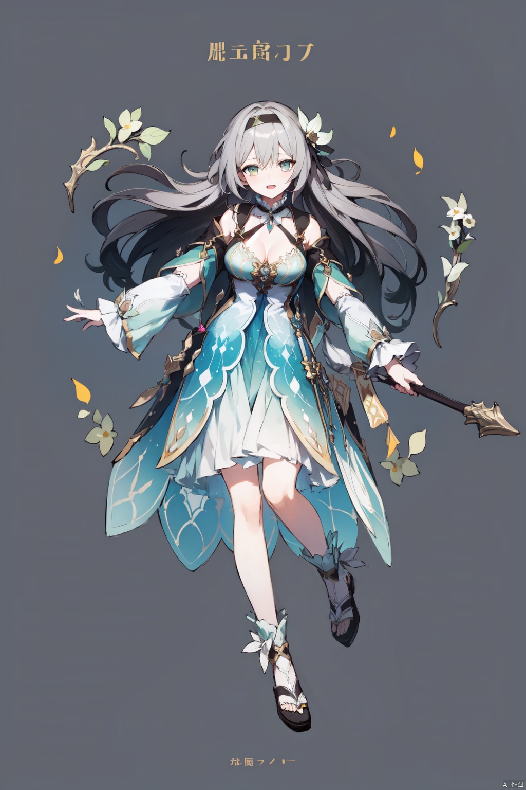 1girl, solo, long hair, green eyes, flower, staff, hair flower, hair ornament, copyright name, dress, breasts, full body, open mouth, cleavage, black hair, simple background, petals, grey background, looking at viewer, medium breasts, very long hair, jewelry, holding staff, holding, company name,grey hair