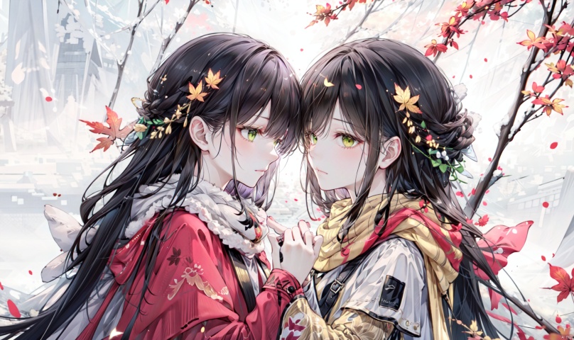 1girl, long hair, bangs, brown hair, black hair, long sleeves, 1boy, closed mouth, upper body, hetero, hand up, scarf, looking at another, coat, profile, leaf, expressionless, wind, light particles, eye contact, height difference, branch, white scarf, autumn leaves, yellow theme, clothes grab, A couple look at each other affectionately, Aesthetic, The seasons change, Winter, Autumn, Spring, Summer, Snow theme, Purple theme, Green theme, from side