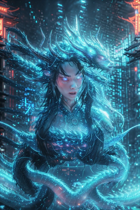  A girl,half body,sit,linkedrahon,Chinese dragon,(Blue glowing eyes:1.2), glowing, xxhanfu_halo_nhhyxx, xxhanfu halo cyber phoenix crown。Long black hair,Elf ear,Sharp ears,((Blue luminous dragon horn: 1.2)), xxhanfu halo cyber phoenix crown,glowing Dragon scale,