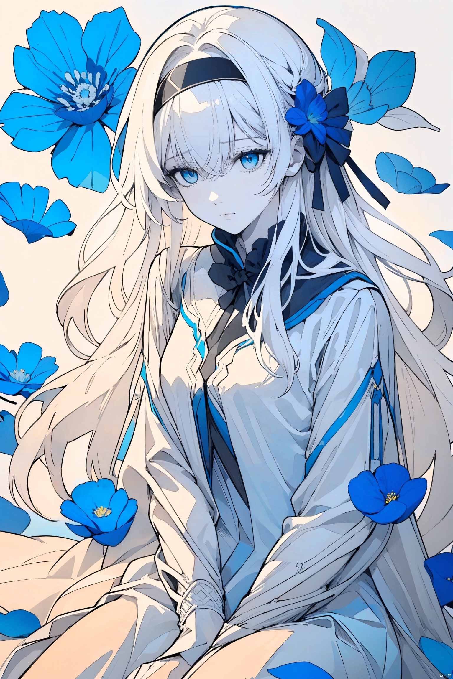  1girl, blue eyes, white long translucent night gown, expressionless, (white hair), hair cover one eye, long hair, blue hair flower, kneeling on lake, blood, (plenty of blue petals:1.35), (white background:1.5), (English text), greyscale, monochrome,greyscale,monochrome,sketch, liuying