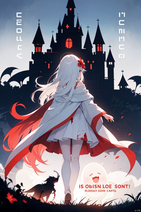  1girl, (loli:1.2), red eyes, white cape, (white hair), long hair, (red hair flower), (blood:1.2), (ghost castle:1.2), (english text), (silhouette), long bangs, evil smile, cover, text below, (distant view:1.2), ethereal dragon, backlight, colors, white pantyhose