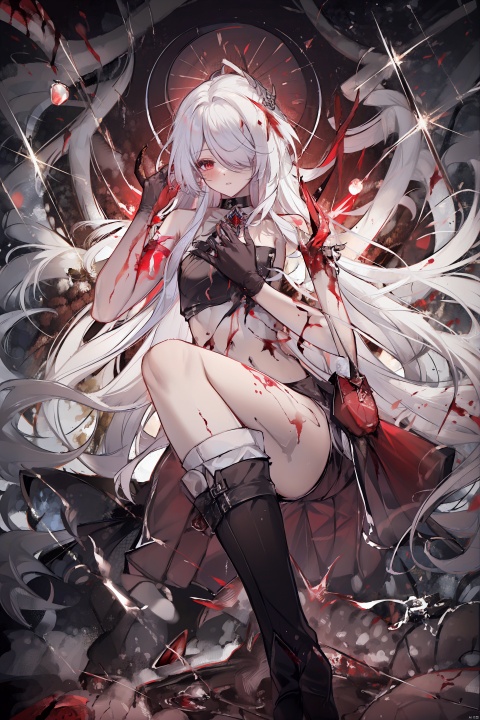  masterpiece, best quality,1girl, alternate costume, solo, bag, looking at viewer, blush, plaid, charm (object), bag charm, bangs, contemporary, sidelocks, jewelry, character name, female woman, white background, 
\\\\\\\\\\\,
(whuangquan:1.2),white hair,asymmetrical clothes,(bloody hand,red hand:1.35) eyes,long hair,hair over one eye,shorts,
, tattoo on stomach, spread leg