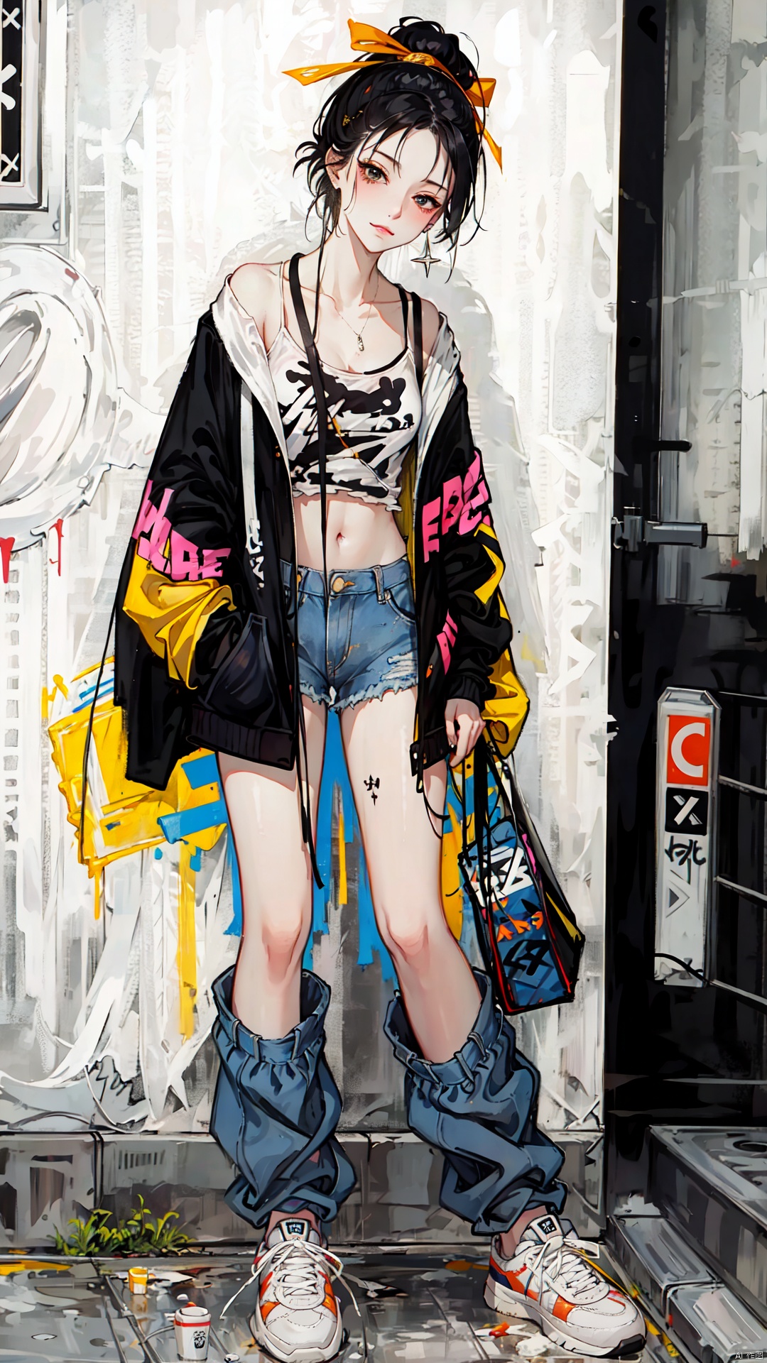  best quality,masterpiece,illustration,earrings,,hand in pocket,Denim shorts,an extremely delicate and beautiful,extremely detailed,CG,unity,8k,wallpaper,Amazing,finely detail,1 girl, solo, street, graffiti, white short sleeved, denim jacket, denim shorts, sneakers, spray painting,graffiti on the wall, hip-hop, street culture, jtc