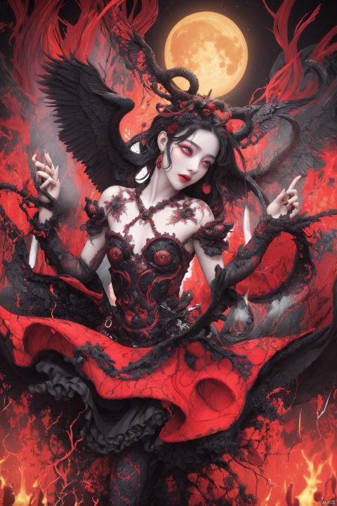  Envision a scene where the demons, having conquered heaven, now revel in their victory. The colors are dark and twisted, with the demons' forms contorted in expressions of cruel delight as they defile the once holy ground of the celestial realm., zgct color, 1girl