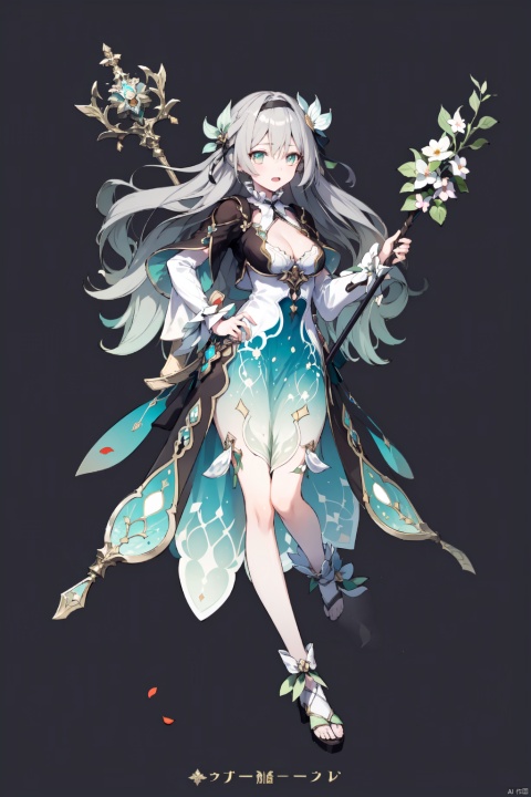 1girl, solo, long hair, green eyes, flower, staff, hair flower, hair ornament, copyright name, dress, breasts, full body, open mouth, cleavage, black hair, simple background, petals, grey background, looking at viewer, medium breasts, very long hair, jewelry, holding staff, holding, company name,grey hair