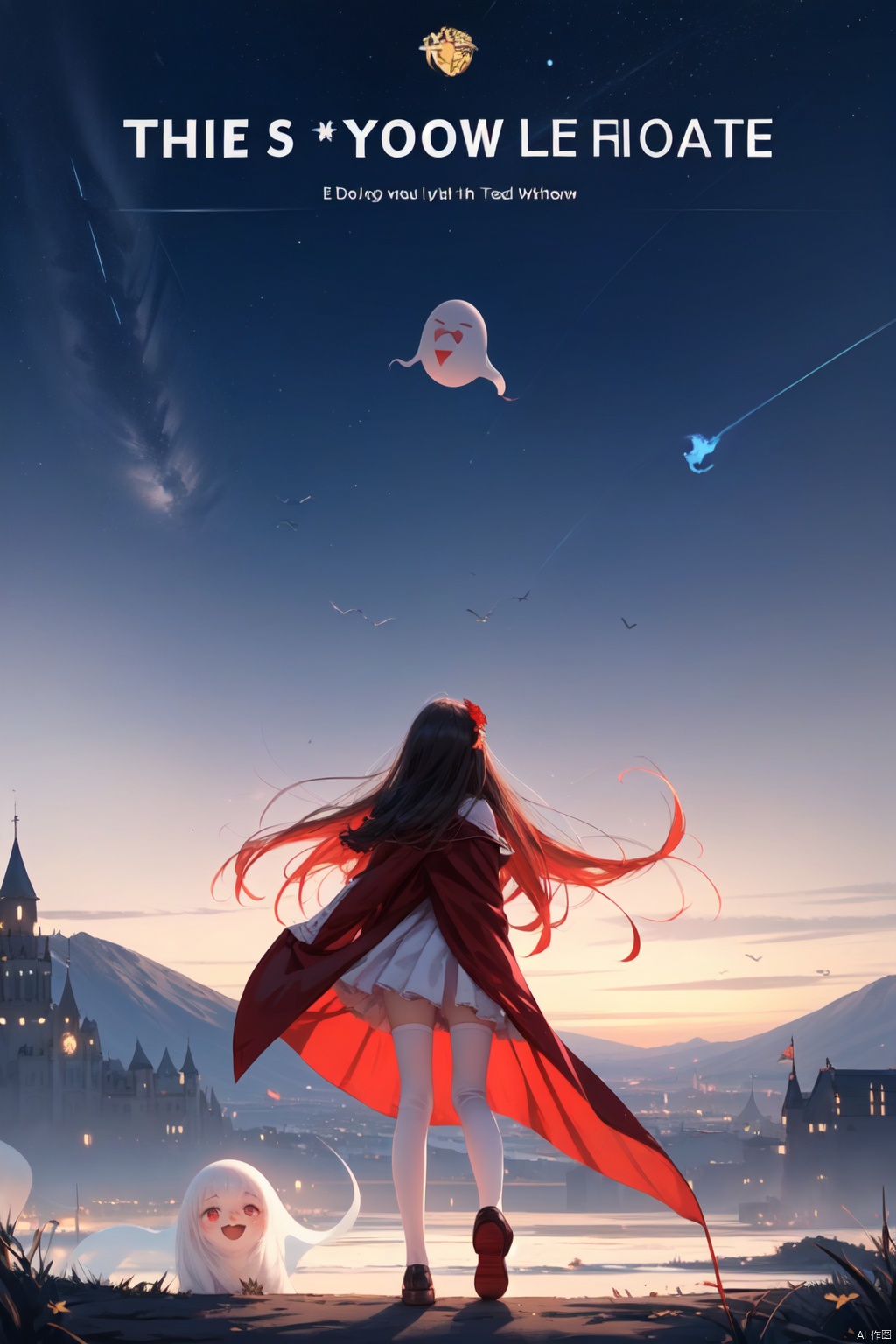  1girl, (loli:1.2), red eyes, white cape, (white hair), long hair, (red hair flower), (blood:1.2), (ghost castle:1.2), (english text), (silhouette), long bangs, evil smile, cover, text below, (distant view:1.2), ethereal dragon, backlight, colors, white pantyhose