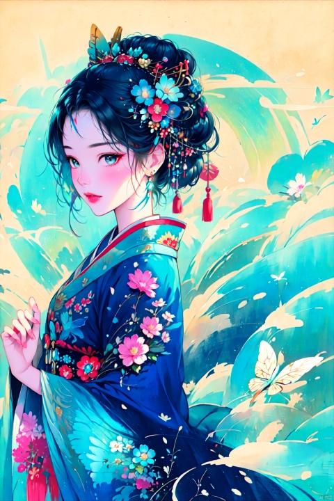  blue butterfly, in a colorful fantasy realism style, realistic color palette, wink and you miss details, japanese style art, fluid and organic shapes, light teal and light red, light reflection, gchf