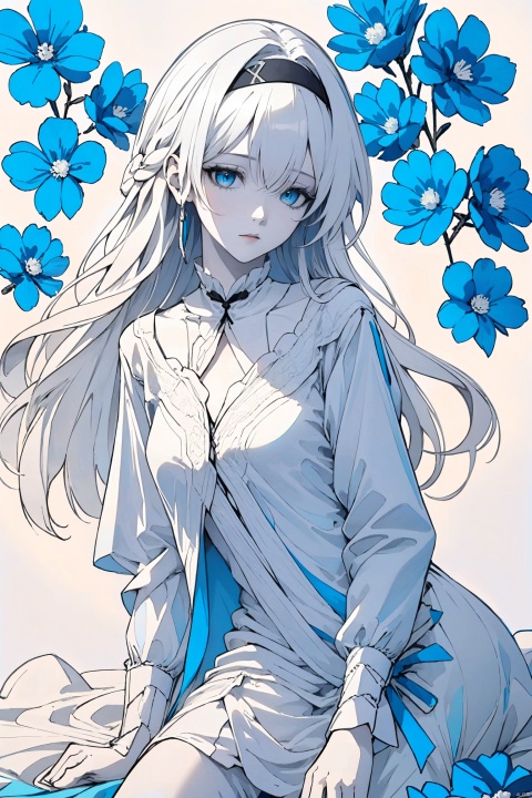  1girl, blue eyes, white long translucent night gown, expressionless, (white hair), hair cover one eye, long hair, blue hair flower, kneeling on lake, blood, (plenty of blue petals:1.35), (white background:1.5), (English text), greyscale, monochrome,greyscale,monochrome,sketch, liuying, meiren-red lips, Diagram