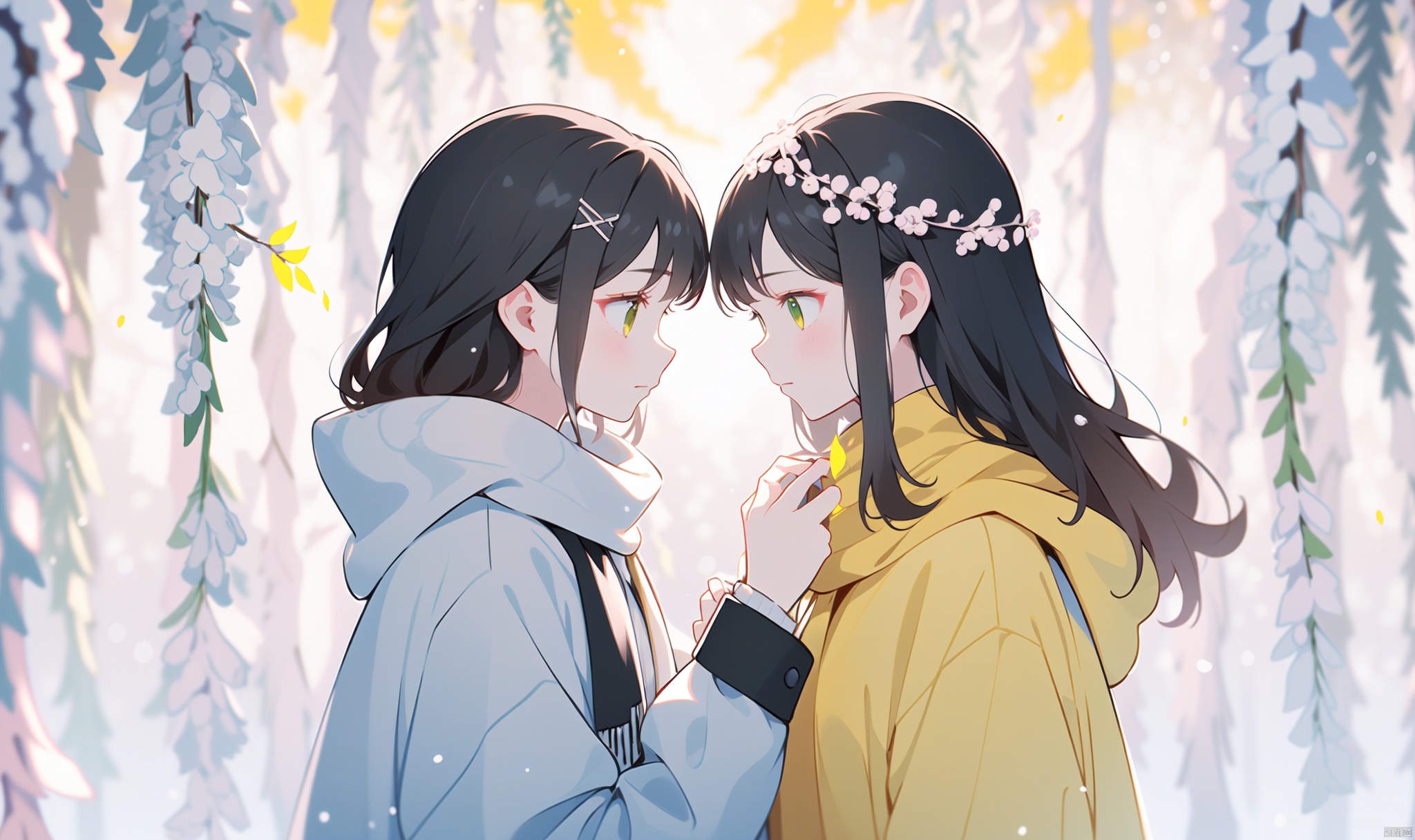 1girl, long hair, bangs, brown hair, black hair, long sleeves, 1boy, closed mouth, upper body, hetero, hand up, scarf, looking at another, coat, profile, leaf, expressionless, wind, light particles, eye contact, height difference, branch, white scarf, autumn leaves, yellow theme, clothes grab, A couple look at each other affectionately, Aesthetic, The seasons change, Winter, Autumn, Spring, Summer, Snow theme, Purple theme, Green theme, It snows, Willow tree, Peach blossom, from side, yinwen,no humans