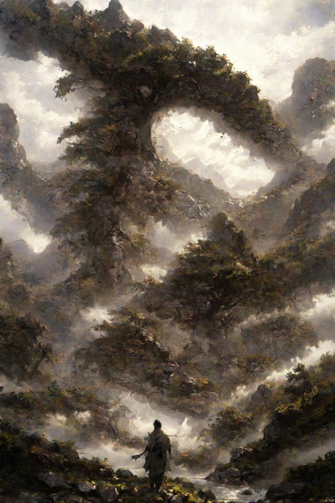  Yshanshui, tree, scenery, mountain, outdoors, traditional media, monochrome, sepia, no humans, nature, fog, rock, forest a painting of a mountain range with trees and mountains in the background, with a river running through it, Yshanshui, Shinv, RPG,<lora:660447824183329044:1.0>,<lora:660447824183329044:1.0>