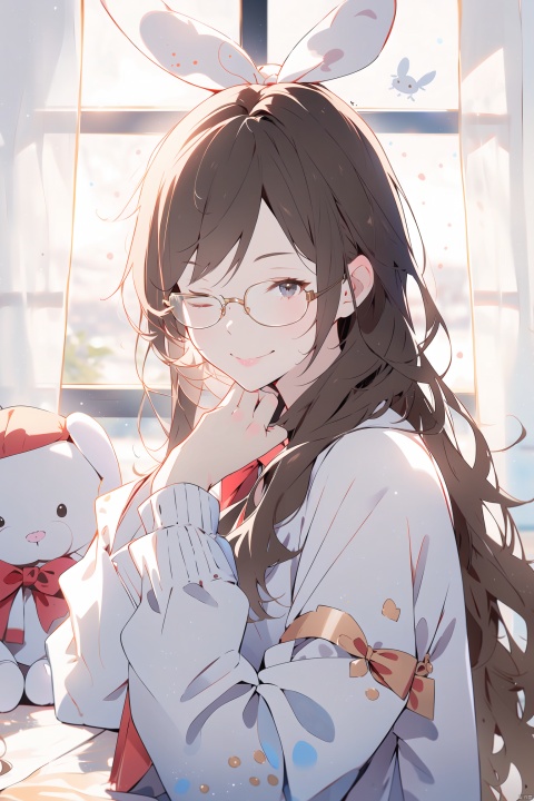  cute girl,1girl, glasses, brown hair, solo, stuffed toy, long hair, stuffed bunny, one eye closed, indoors, stuffed animal, looking at viewer, long sleeves, smile, rabbit, window, curtains, bow, artist name, cute girl,photorealistic, hand101