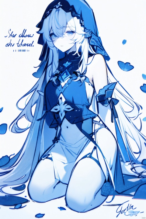  1girl, blue eyes, white long translucent night gown, expressionless, (white hair), hair cover one eye, long hair, blue hair flower, kneeling on lake, blood, (plenty of blue petals:1.35), (white background:1.5), (English text), greyscale, monochrome,greyscale,monochrome,sketch, liuying, backlight,a girl named heitiane, tattoo on stomach