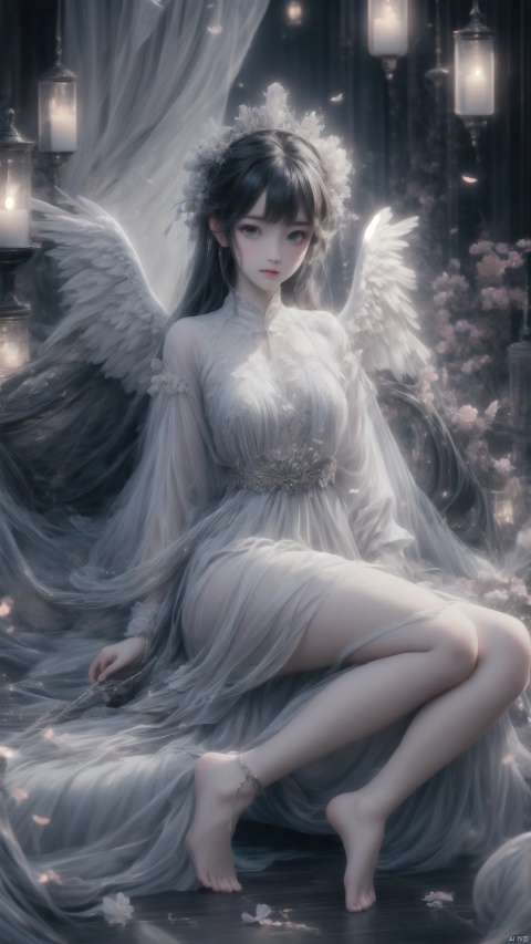  1girl, solo, wings, blood, long hair, sitting, chain, red eyes, blood on hands, feathered wings, barefoot, blood on face, blood from eyes, dress, long sleeves, cuffs, feathers, frills, looking at viewer, very long hair, white wings, bandages, shackles, bangs,,, 1 girl, Detail