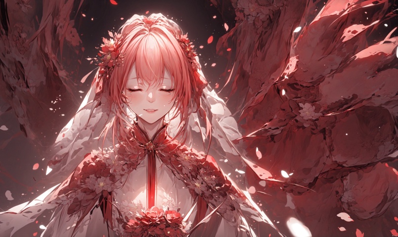  1girl, long hair, solo, veil, flower, closed eyes, dress, smile, wedding dress, hair ornament, petals, dated, ribbon, tears, bouquet, bridal veil, signature, hair flower, red hair, crying, white background, pink hair, upper body
,(masterpiece, top quality, best quality),horror (theme),
masterpiece,(masterpiece, top quality, best quality, ((no humans)), scenery, red theme, night, qzcnhorror, Chinese weddingdress, cute girl,qzhorror,Super clear