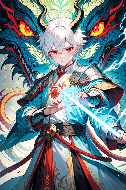 Solo, looking at the audience, red eyes, 1boy, white hair, male focus, horns, armor, glow, laser, nft, third eye, robe, reality, fantasy, Chinese dragon, (masterpiece) best quality, correct dissection, perfect hands