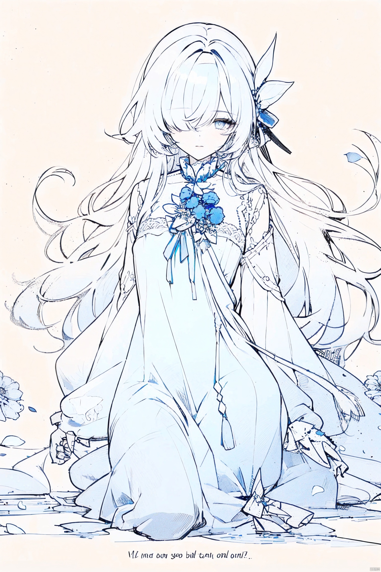  1girl, blue eyes, white long translucent night gown, expressionless, (white hair), hair cover one eye, long hair, blue hair flower, kneeling on lake, blood, (plenty of blue petals:1.35), (white background:1.5), (English text), greyscale, monochrome,greyscale,monochrome,sketch, liuying