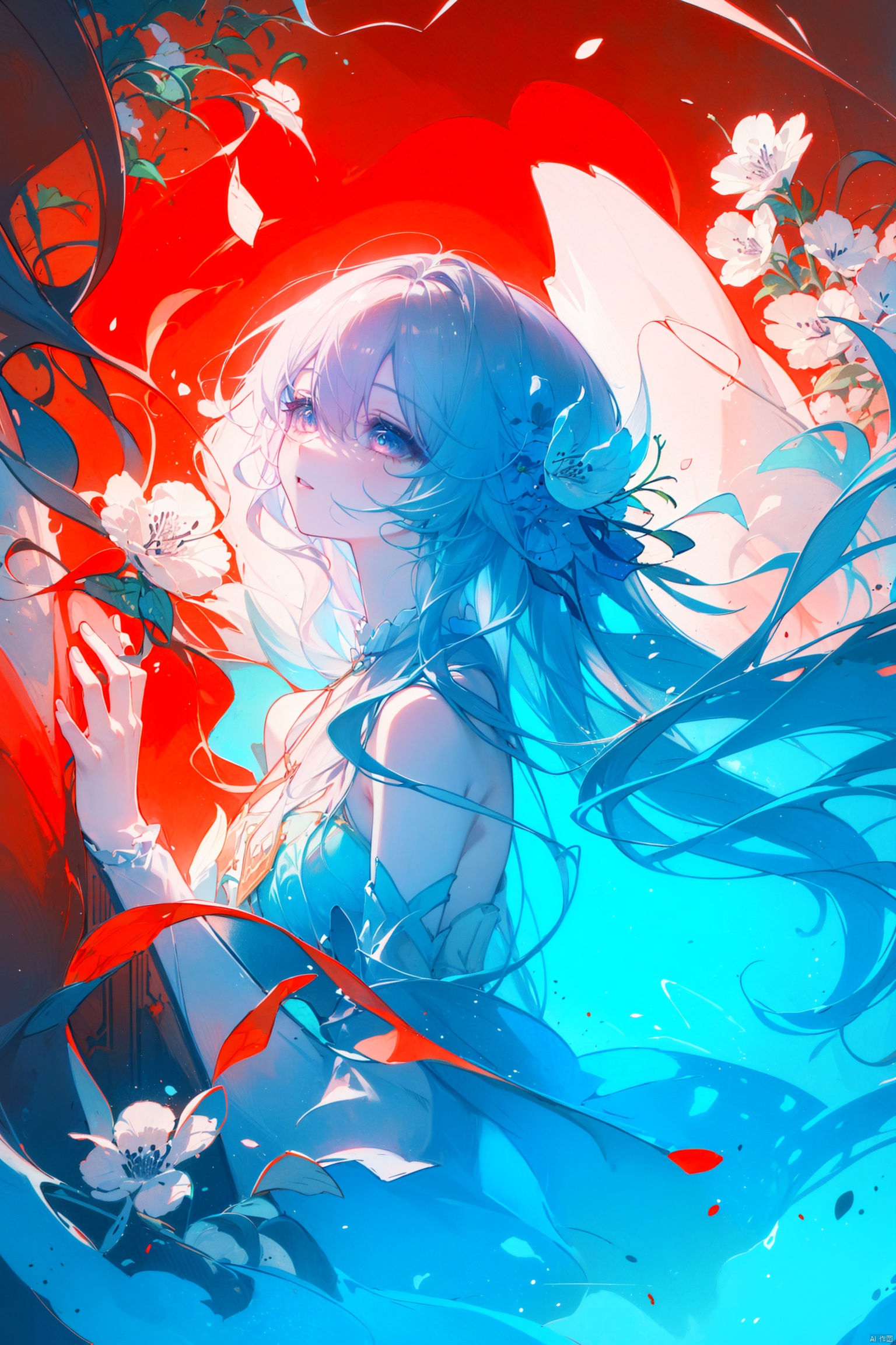  1girl, long hair, flower, Lisianthus, in the style of red and light azure, dreamy and romantic compositions, red, ethereal foliage, playful arrangements, fantasy, high contrast, ink strokes, explosions, over exposure, purple and red tone impression, abstract, whole body capture, ,
, 1girl, liuying