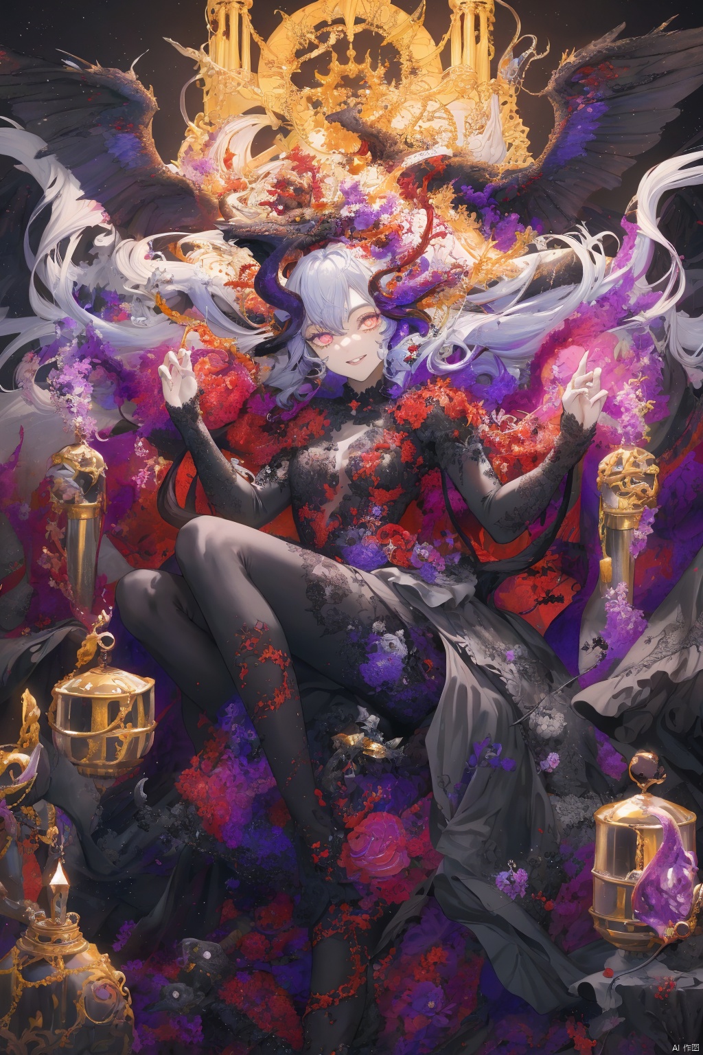  Envision a scene where the demons, having conquered heaven, now revel in their victory. The colors are dark and twisted, with the demons' forms contorted in expressions of cruel delight as they defile the once holy ground of the celestial realm., zgct color, 1girl, best quality